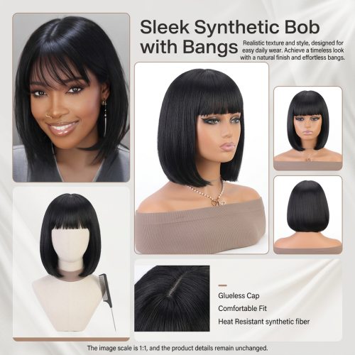 (1B) Perruque Synthétique Bob 30cm 1