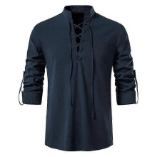 (L,Navy Blue)Men's Retro Style Long Sleeve Shirts Lace Up Neck Tops Renaissance, Viking Pirate, Hippie Blouse