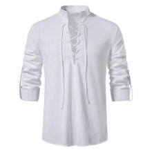 (S,White)Men's Retro Style Long Sleeve Shirts Lace Up Neck Tops Renaissance, Viking Pirate, Hippie Blouse