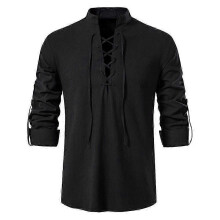 (XL,Black)Men's Retro Style Long Sleeve Shirts Lace Up Neck Tops Renaissance, Viking Pirate, Hippie Blouse