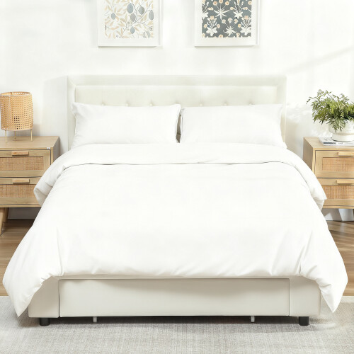 Homcom (Cream) HOMCOM Double Bed Frame with Storage and Adjustable Velvet Headboard