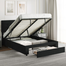 (Black) HOMCOM Double Bed Frame with Storage and Adjustable Velvet Headboard
