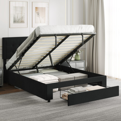Homcom (Black) HOMCOM Double Bed Frame with Storage and Adjustable Velvet Headboard