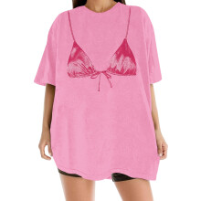 (L, Pink) Women's Summer T-Shirt Casual Loose Fit Stylish Bra Print Crew Neck Elbow Sleeve Tops