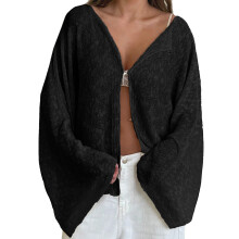 (L, black) Women Loose Cardigan Solid Boat Neck Hook and Eye Long Sleeve Knitted Tops Casual Fall Clothes