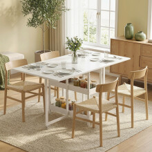 (White) HOMCOM Folding Dining Table, Drop Leaf Table with Open Compartments
