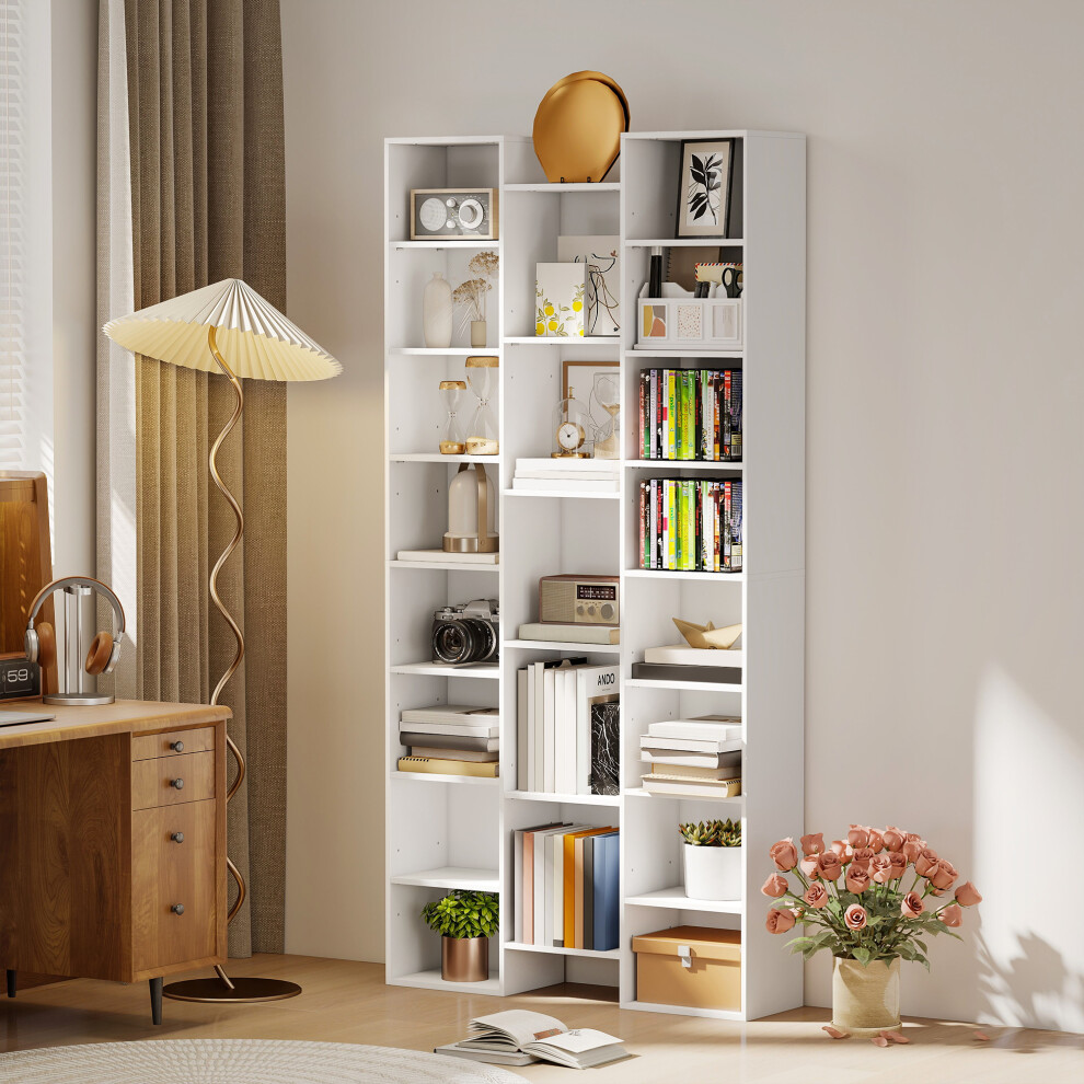 Homcom Tall Bookshelf With 21 Compartments And 10 Adjustable Shelves, White