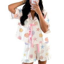(S, White 2) Women Pajama Shorts Set Goblet/Seashell/Boot Tie Front Short Sleeve Tops Elastic Waist Ruffle Shorts 2 Piece Sleepwear Outfit