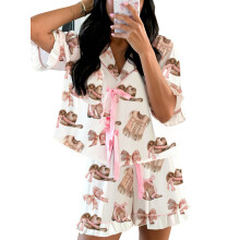 (L, Light Brown) Women Pajama Shorts Set Goblet/Seashell/Boot Tie Front Short Sleeve Tops Elastic Waist Ruffle Shorts 2 Piece Sleepwear Outfit