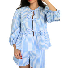 (M, Blue) Women Shorts Set, 3/4 Sleeve Tie-up T-shirt with Elastic Waist Shorts Striped Summer Outfit