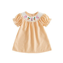 (3-4 Years, Orange) Toddler Baby Girls Easter Dress Fashionable Cute Bunny Carrot Embroidery Short Bubble Sleeve Plaid Dress