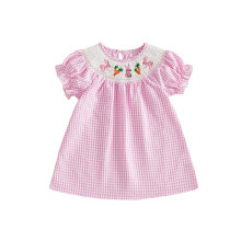 (2-3 Years, Pink) Toddler Baby Girls Easter Dress Fashionable Cute Bunny Carrot Embroidery Short Bubble Sleeve Plaid Dress