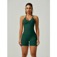 (Pine Green, M) Women's Solid Ruched Backless Halter Top & High Waist Shorts, Sporty Breathable Comfortable Two-piece Outfits Gym
