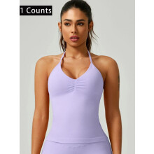 (Mauve Purple, XS) Women's Solid Color Ruched Halter Neck Sports Vest, Breathable Comfortable Backless Tank Top for Gym Workout, Ladies