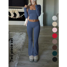(Bright Blue, XS) Women's Solid Color Square Neck Crop Tee & Flare Leg Pants Two-Piece Set, Casual