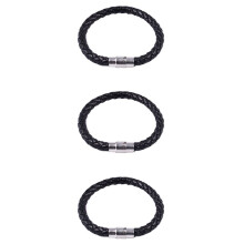 3X Stainless Steel Leather Bracelet, Braided Leather Bracelet, for Men Women, Black - Width 6mm - Length 18cm