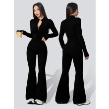 (Black, S) Women's Two-Piece Set, Knit Tracksuit Matching Set, Autumn Winter Knit Ribbed Jacket & High-Waisted Flare Pants, Casual