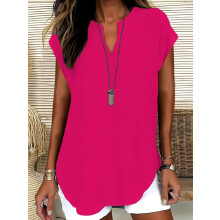 (Deep Pink, XXL) Women's Plain Notched Neck Blouse, Casual Elegant Top for Summer, Ladies Clothes for Daily Wear, Casual Classy Top