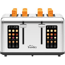 Toastley 4 Slice Smart Toaster, Wide Slots, Dual Screens, Digital Timer, Silver