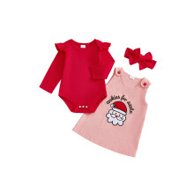(0-3 Months, Pink) Conjunto navideño de 3 piezas para bebé niña: mono de manga larga, diadema y vestido bordado de Papá Noel.
