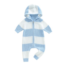(0-3 Months, Blue) Mono de bebé, manga larga, capucha, cierre de cremallera, tejido, suéter a rayas para niñas y niños