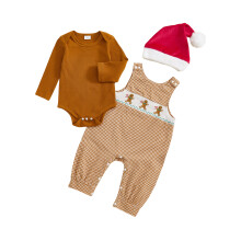 (3-6 Months, Brown) Conjunto navideño para bebé, pelele de manga larga con bordado a cuadros, peto, pantalón y gorro.