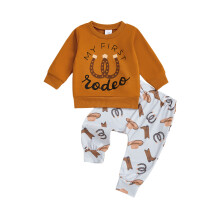 (6-12 Months, Khaki) Conjuntos de 2 piezas para niños, otoño, pantalones y camisetas de manga larga, sombrero y pantalones estampados.