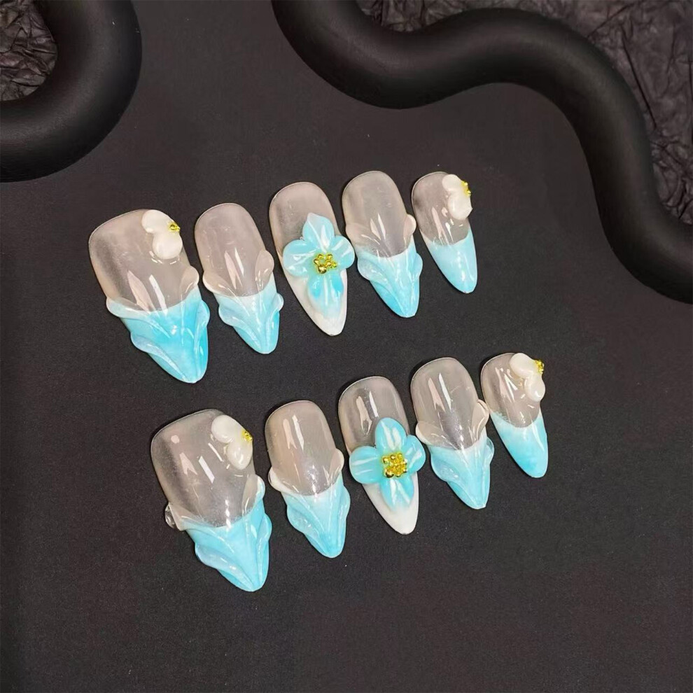 Roc-Electron (M) 10Pcs French Blue Tip False Nails - Durable & Stylish