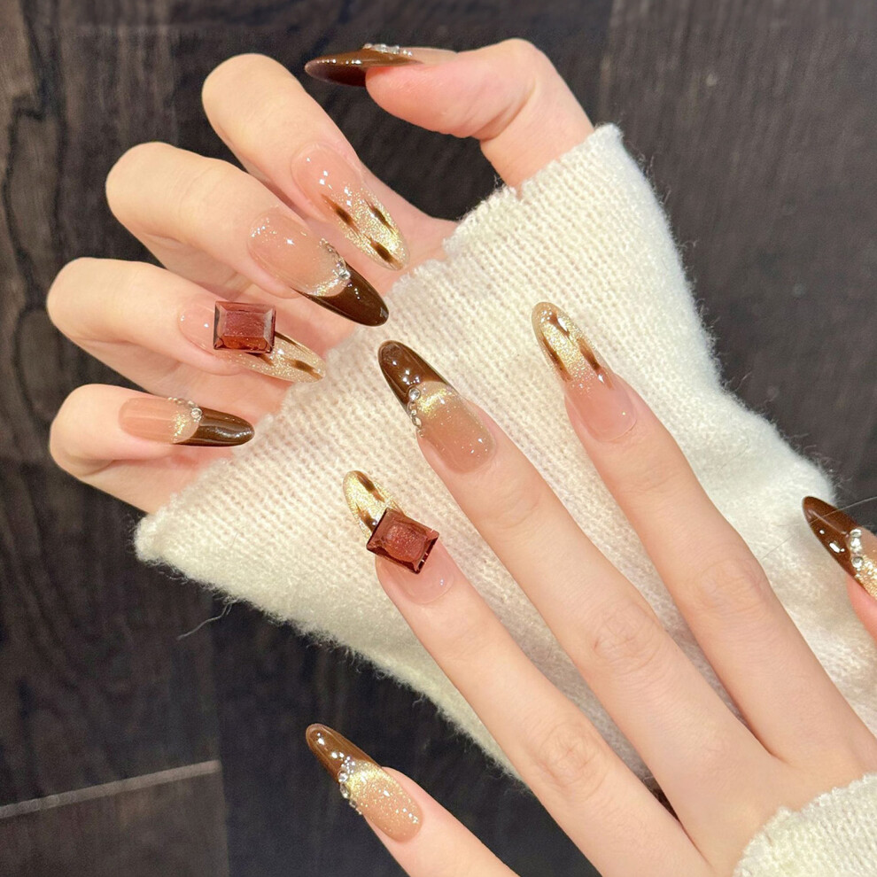 Roc-Electron (1487 Long Oval, Xs) 10Pcs Pink Brown Gradient Press On Nails W/ Rhinestones