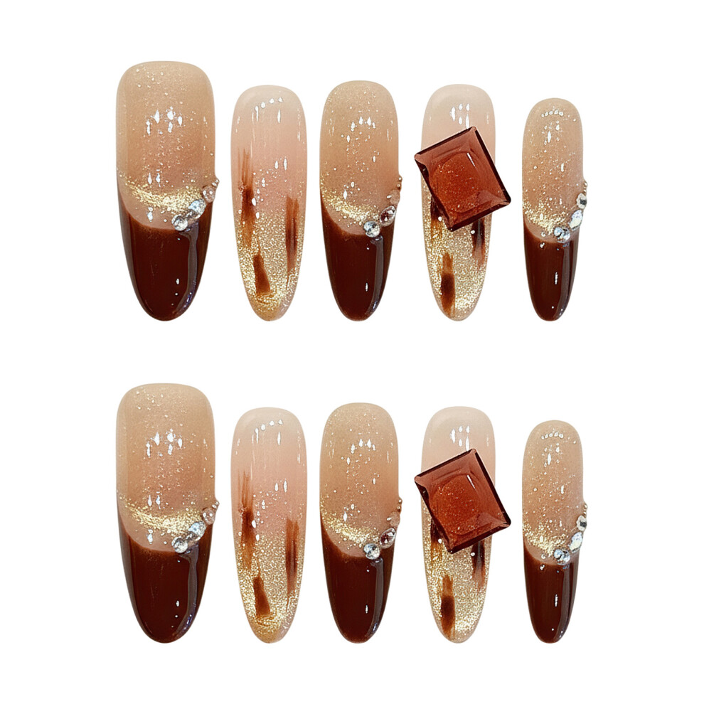 Dachuang Beauty (1487 Long Oval, S) 10Pcs Pink Brown Gradient Press On Nails W/ Rhinestones