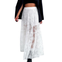 (L, White) Women See-Through Lace A-Line Skirts Casual Summer Elastic Waist Long Skirt for Beach Vacation Club Streetwear