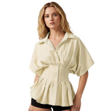 (L, Light Yellow) Womens Summer Tops Short Sleeve Lapel Collar Striped Print Fashion Button Down Pleated Peplum Blouses