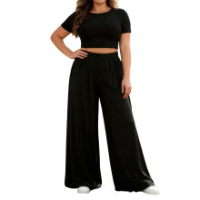 (XXXXL, Black) Women Pants Set, Short Sleeve Crew Neck T-shirt with Wide Leg Pants Summer Outfit