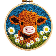 (20cm*20cm, Multicolor) DIY Punch Needle Kits for Beginners Cute Cartoon Highland Cow with Daisy Flower Embroidery Set
