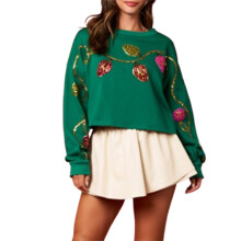 (M, Green) Sweat-shirt ample à sequins pour femme, orné de guirlandes lumineuses de Noël, épaules tombantes, manches longues, style décontracté.