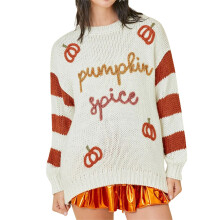 (XL, White) Women's Autumn Loose Sweater Stripe Long Sleeve Round Neck Pumpkin Letter Knitwear Pullover