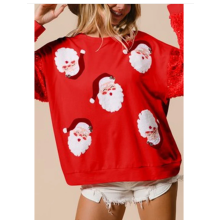 (M, Red) Womens Christmas Santa Sweatshirt Sequin Long Sleeve Crew Neck Pullover Tops Casual Streetwear