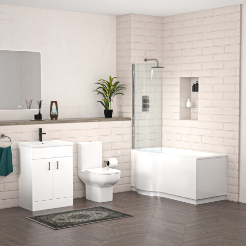 NES Home Nes Home P-Shaped Left Hand Bath with Panel & Screen, 600mm Vanity with Toilet