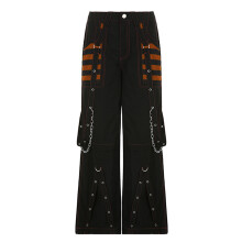(M, Orange) Dames cargo jeans, gestreept, met ritssluiting en knoopsluiting, losse casual broek, streetwear met zakken