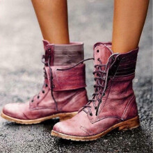 (38,C)Women Ankle Boots Combat Lace Up Zipp Up Buckle Booties Shoes Round Toe