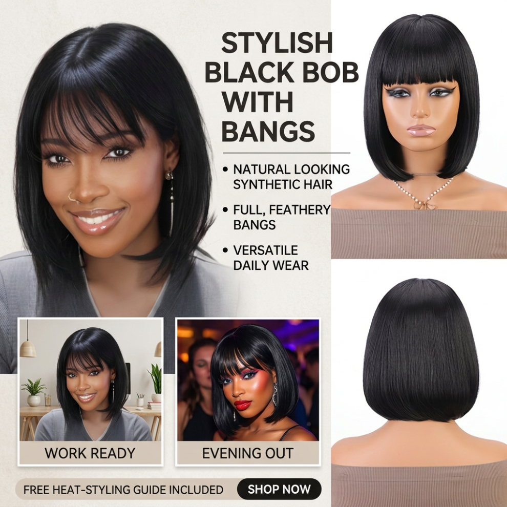 Dachuang Beauty Unisex (1B) 12\" Straight Bob Synthetic Wig For Women