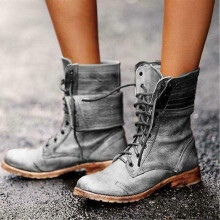 (38,B)Women Ankle Boots Combat Lace Up Zipp Up Buckle Booties Shoes Round Toe