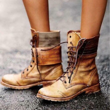 (35,A)Women Ankle Boots Combat Lace Up Zipp Up Buckle Booties Shoes Round Toe