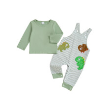 (6-12 Months, Army Green) Conjunto de otoño para bebé: top de manga larga de color liso y peto a rayas con bordado de dinosaurios (2 piezas).