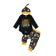 (12-18 Months, Black) Conjunto de Año Nuevo para bebé: pelele de manga larga con letras, pantalón de globos y gorro.
