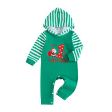 (6-9 Months, Green) Tutina natalizia a righe con stampa di Babbo Natale, maniche lunghe e cappuccio, vestito carino per le feste.