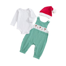 (6-12 Months, Green) Conjunto navideño para bebé, pelele de manga larga con bordado a cuadros, peto, pantalón y gorro.