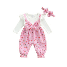 (6-9 Months, Pink) Conjunto de otoño para niña, mono de manga larga con estampado de lazo floral y diadema, ropa para bebé