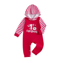 (12-18 Months, Red) Tutina natalizia a righe con stampa di Babbo Natale, maniche lunghe e cappuccio, vestito carino per le feste.