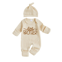 (Newborn, Apricot) Conjunto de mono y gorro para bebé niño, mono de manga larga con bordado de letras y gorro, traje para recién nacido